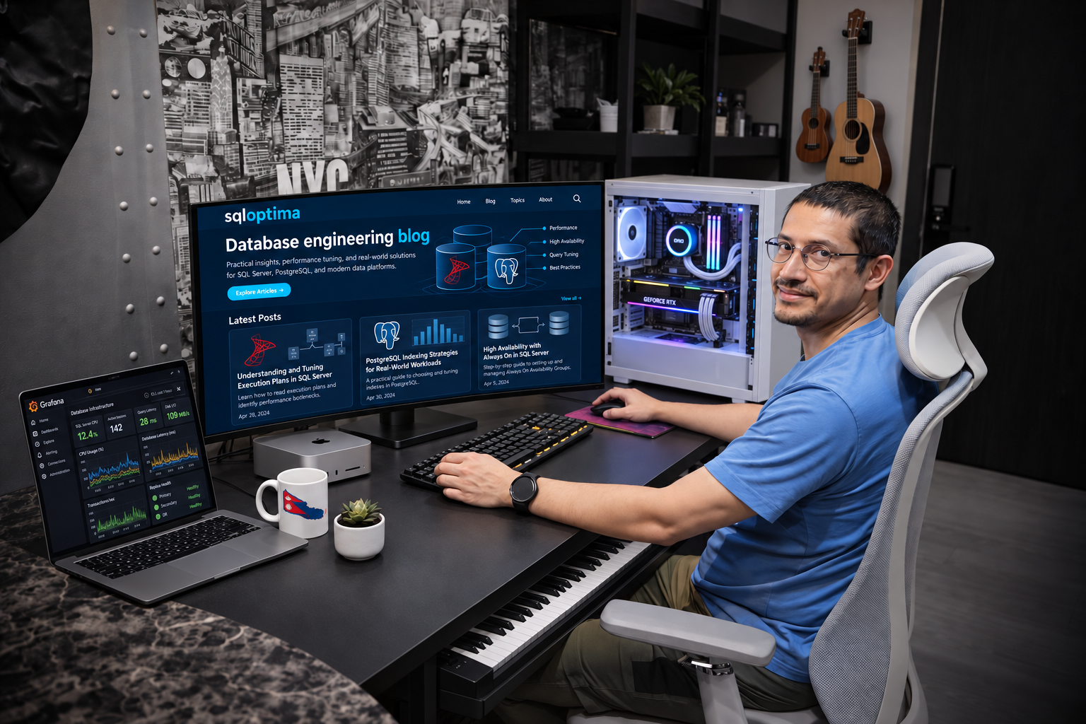 Ravi Sharma at his desk with the SQLOptima database engineering blog on screen