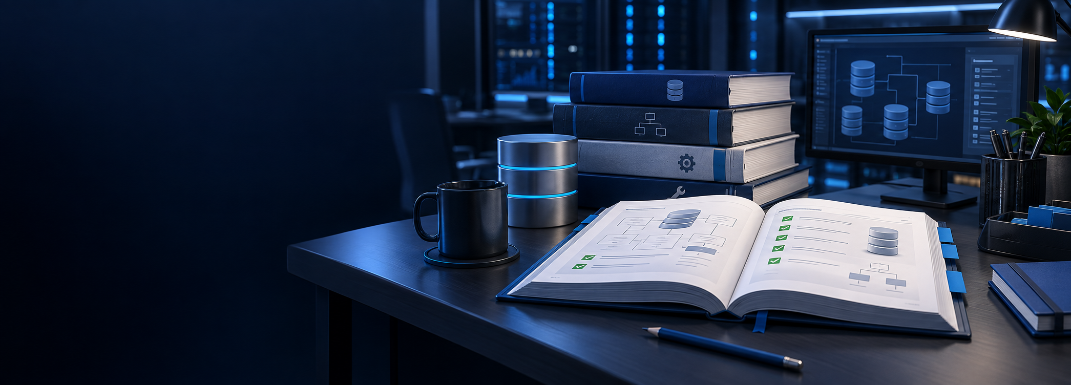 Open database handbook with operational checklists, technical manuals, and database diagrams